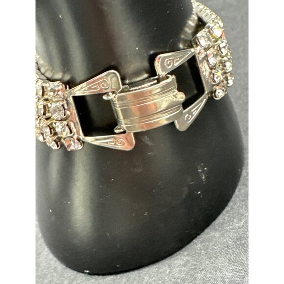 Vintage Rhinestone Bracelet With Silver-Tone Fold Over Clasp - Picture 3 of 6